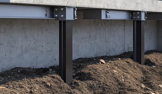 Close-up of screw pile foundations under a house, showing the sturdy support system in the soil