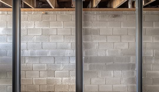 Close-up of a worker's hand applying plaster to a foundation wall with a trowel