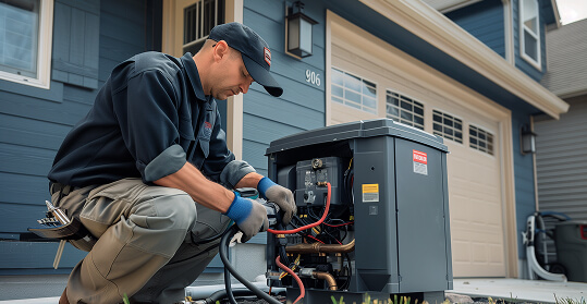 A man wearing a black shirt and hat is repairing a standby generator, focused on his task.