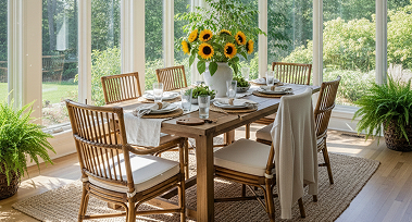 A bright dining room featuring a table adorned with vibrant sunflowers, creating a cheerful and inviting atmosphere