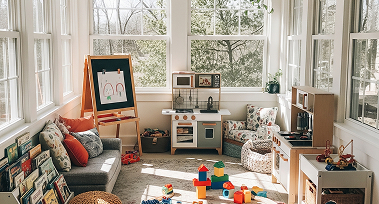 A bright playroom filled with toys and large windows, creating a cheerful and inviting atmosphere for children