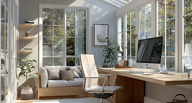 A home office featuring a desk, chair, and a window allowing natural light to enter the space