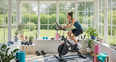 A woman exercises on a stationary bike in a bright room with large windows letting in natural light